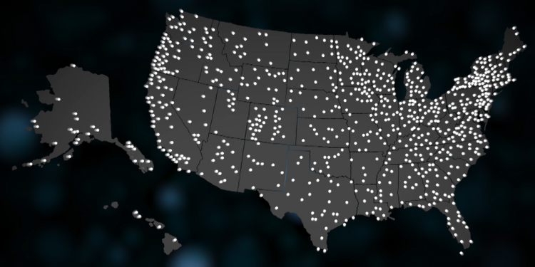 Map of the United States with numerous white dots scattered across all states, representing locations spread densely along the East Coast, West Coast, Midwest, and major population centers, with lighter distribution in rural areas and Alaska