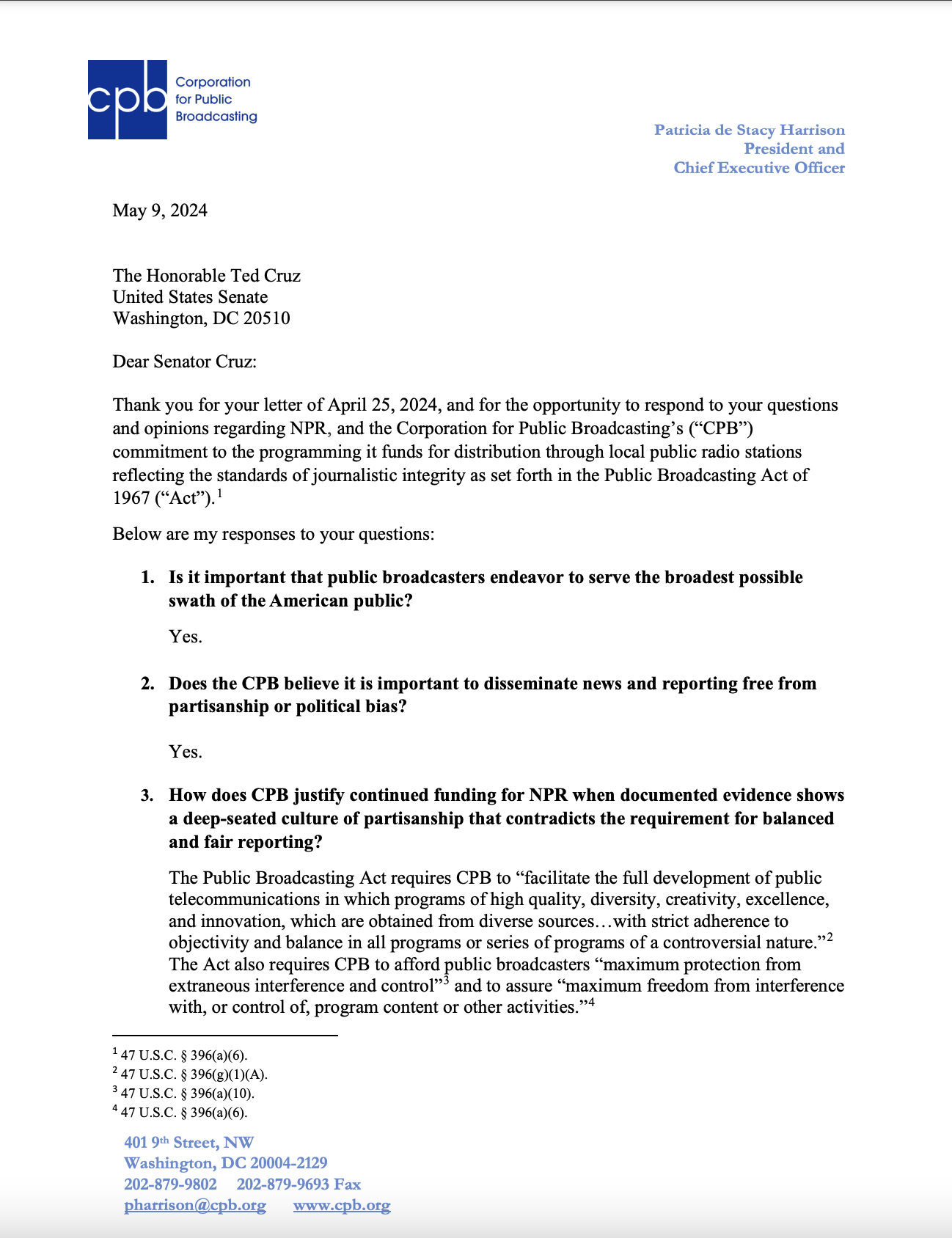 CPB Response to April 25 Letter from Senator Ted Cruz Page 1