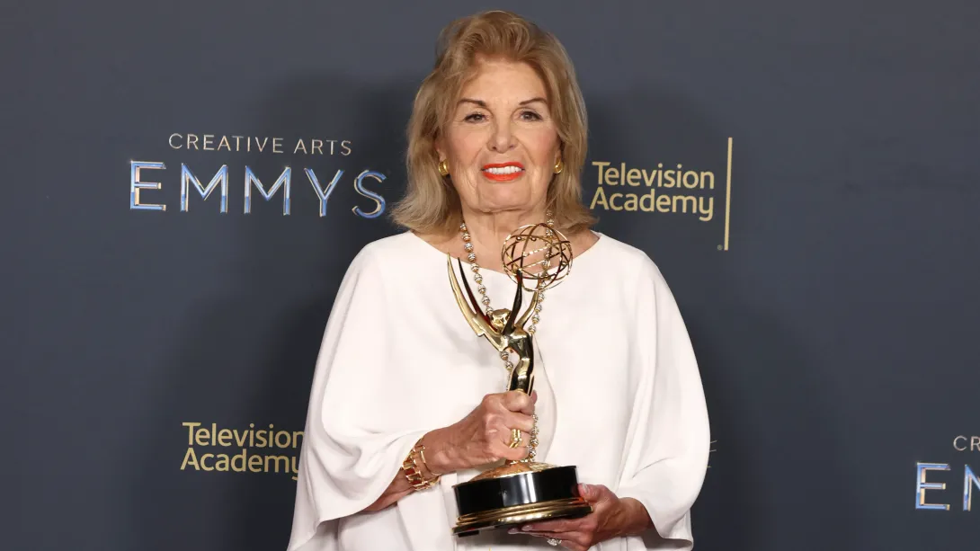 CPB President and CEO Patricia Harrison holding the Governors Award Emmy at the 2025 Creative Arts Emmy Awards, presented to the Corporation for Public Broadcasting by the Television Academy